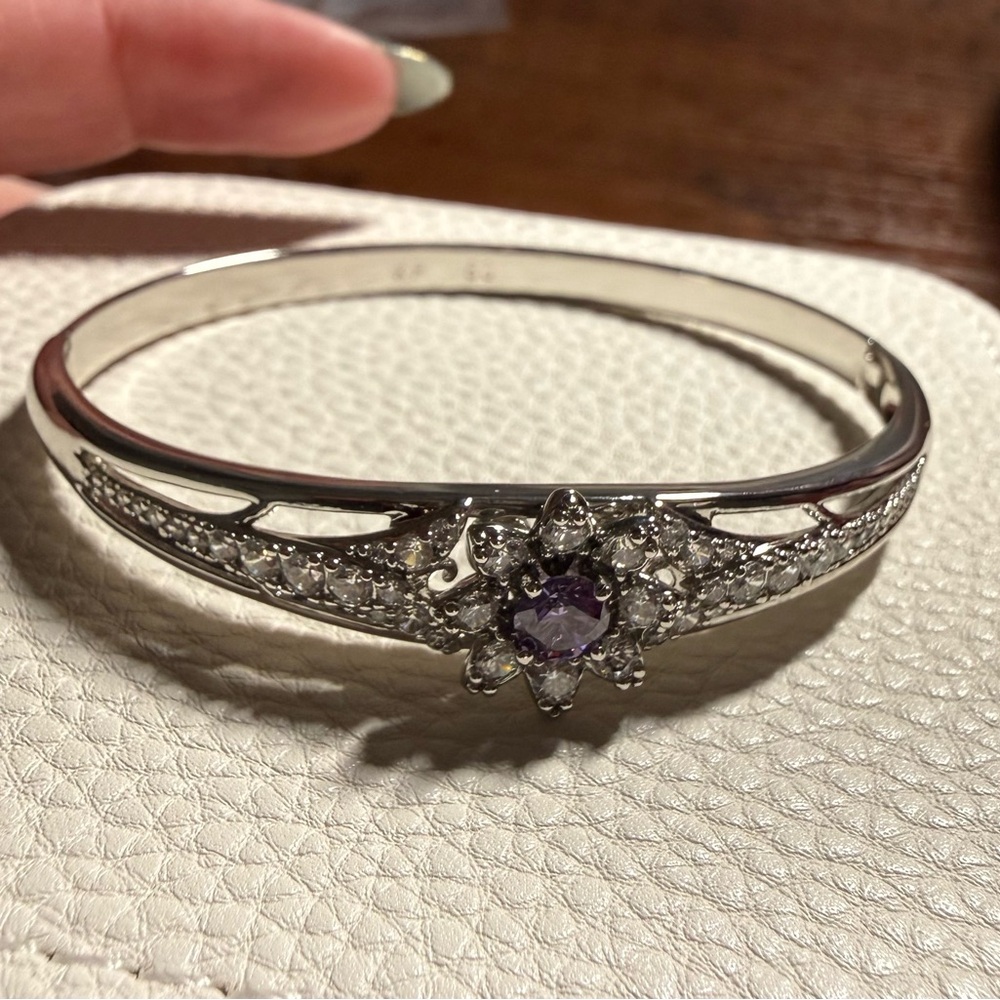 Silver-tone and Purple Women's Bangle Bracelet - 18K White Gold Filled - Picture 11 of 11